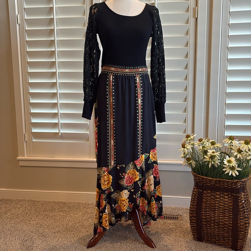 Farm Rio for Anthropology Black Floral Maxi Skirt, Size Small